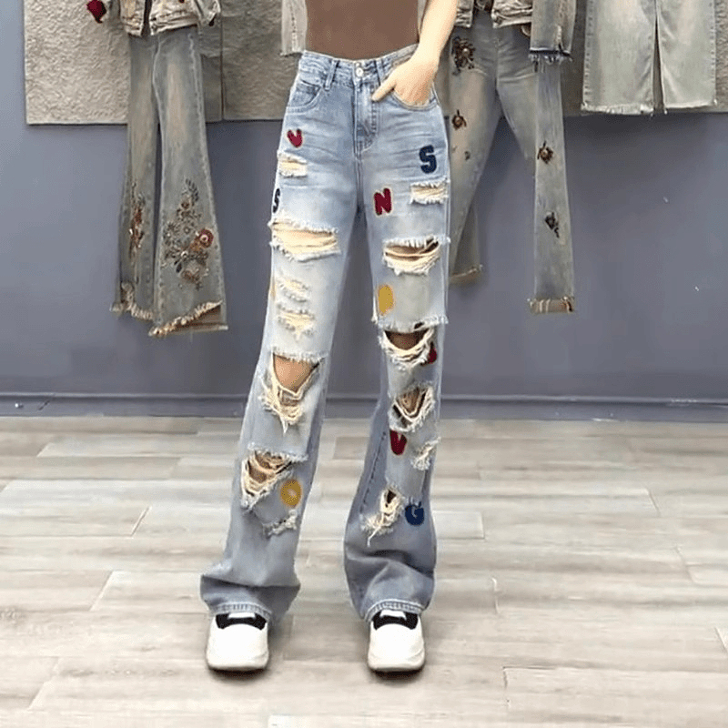 American-Style Fashion Ripped Graffiti Trendy Jeans for Women 2025 Summer Thin Casual Floor-Length Wide-Leg Pants Trendy