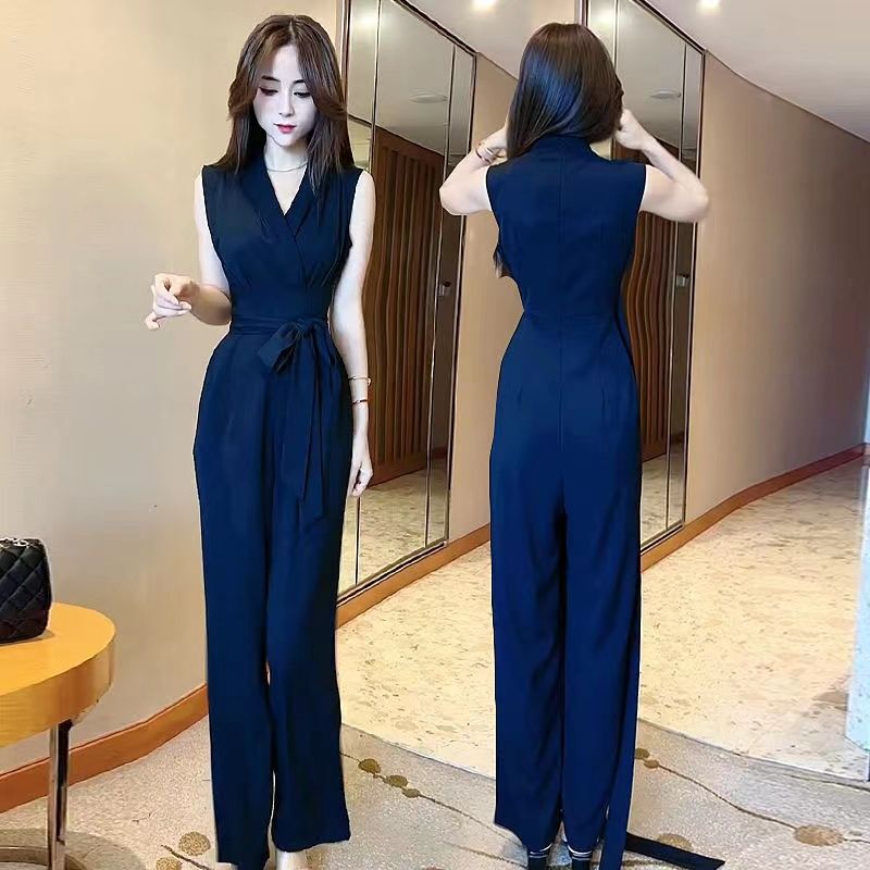 French-Style Goddess V-Neck Waist-Cinching Sleeveless Draped Jumpsuit for Women, 2024 Summer High-End Slim-Fit Wide-Leg Pants