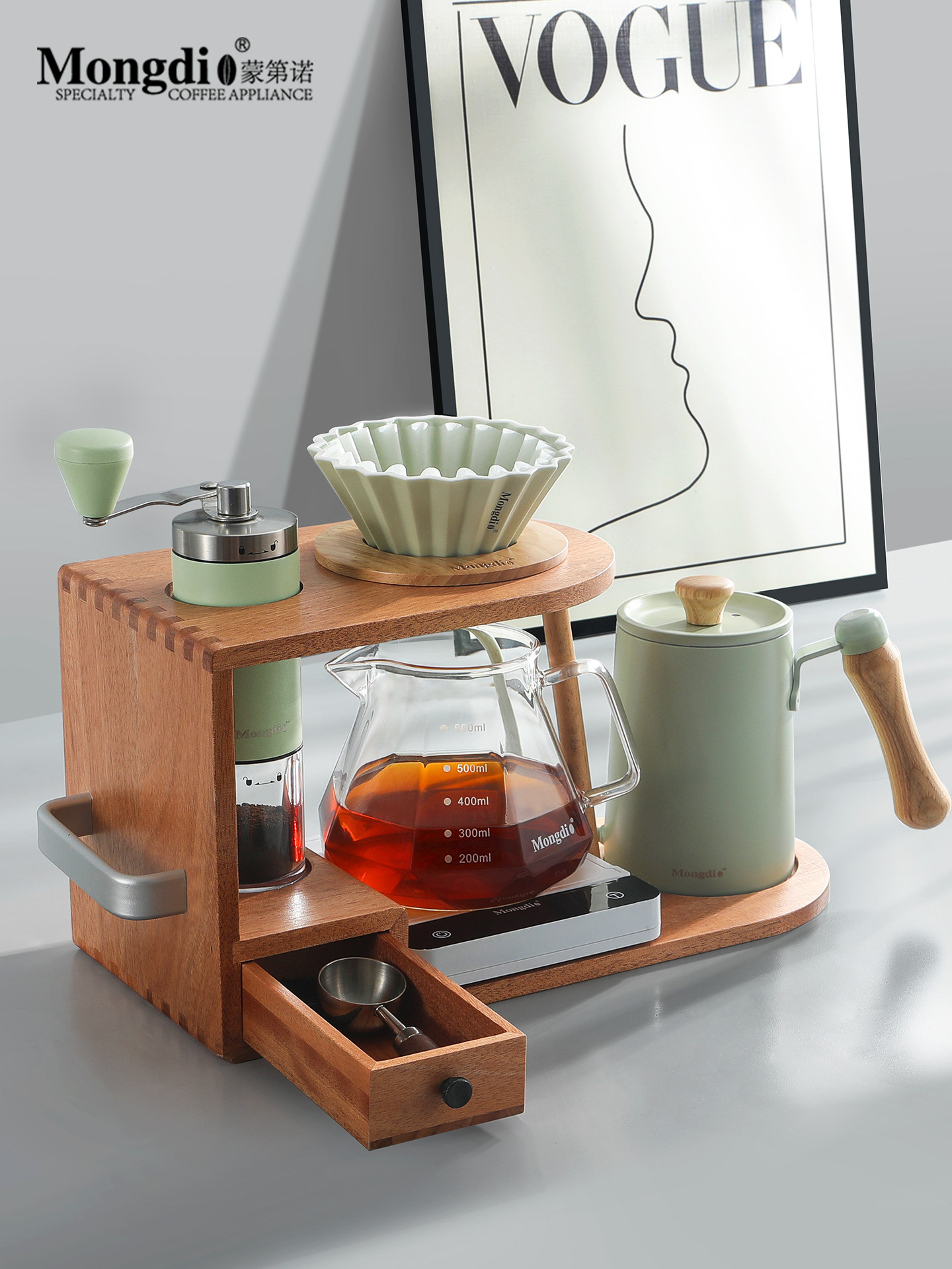 Mongdio Hand-Brewed Coffee Set, Hand-Brewed Coffee Pot, Storage Stand, Hand-Grind Coffee Machine Tools, Complete Set