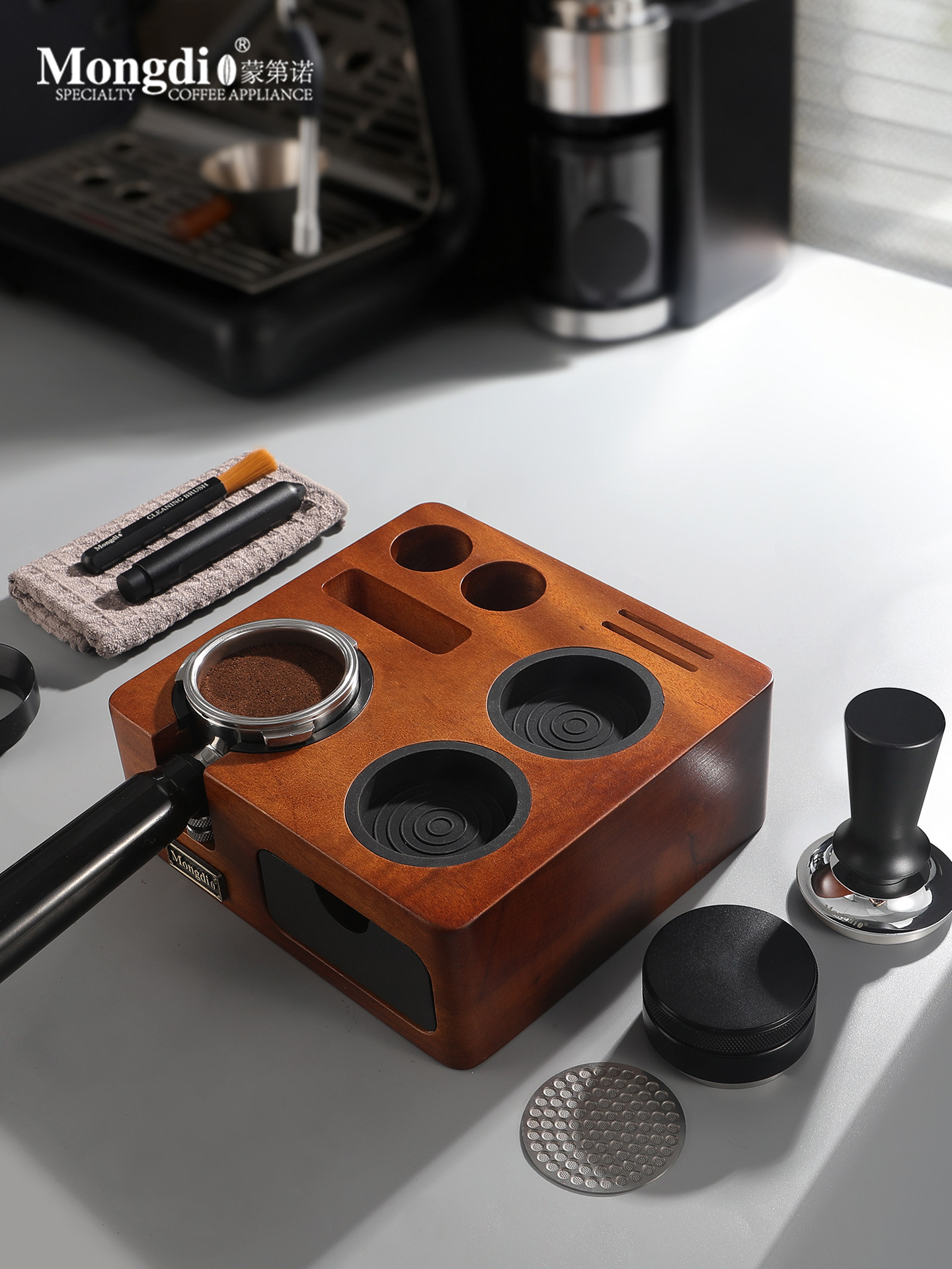 Mongdio Coffee Tamper Base Walnut Wood Espresso Tools Full Set Tamper Tamping Hammer