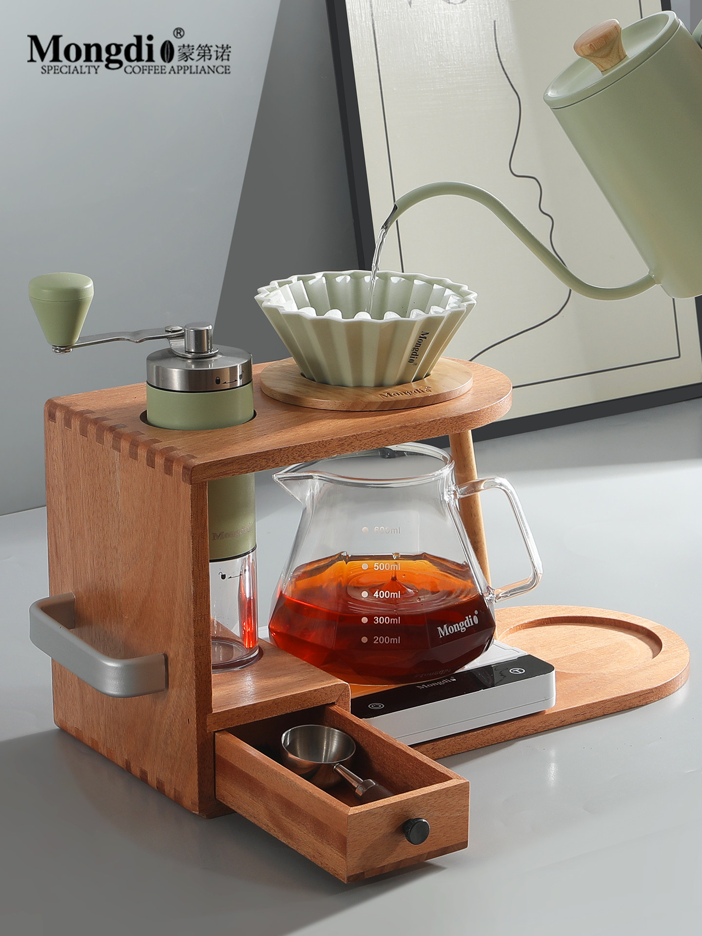 Mongdio Hand-Brewed Coffee Set, Hand-Brewed Coffee Pot, Storage Stand, Hand-Grind Coffee Machine Tools, Complete Set