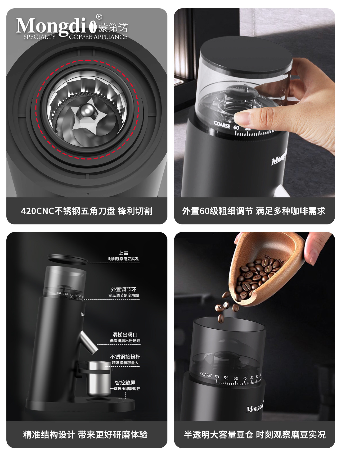 Mongdio Electric Coffee Bean Grinder, Hand-Brewed Espresso Professional Automatic Coffee Grinder, Coffee Equipment