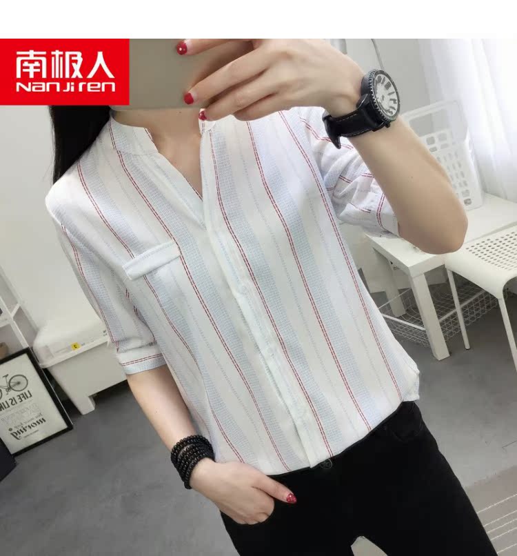 Mùa hè Nam Cực mới áo voan cổ chữ V sọc Hàn Quốc ngắn tay áo sơ mi hoang dã sơ mi nhung tăm