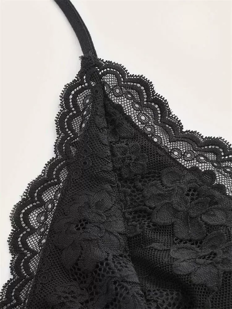 Топ-халтер женский LACE V-образный вырез, кружевная отделка, облегающий сборчатый (чёрный, S–L)
