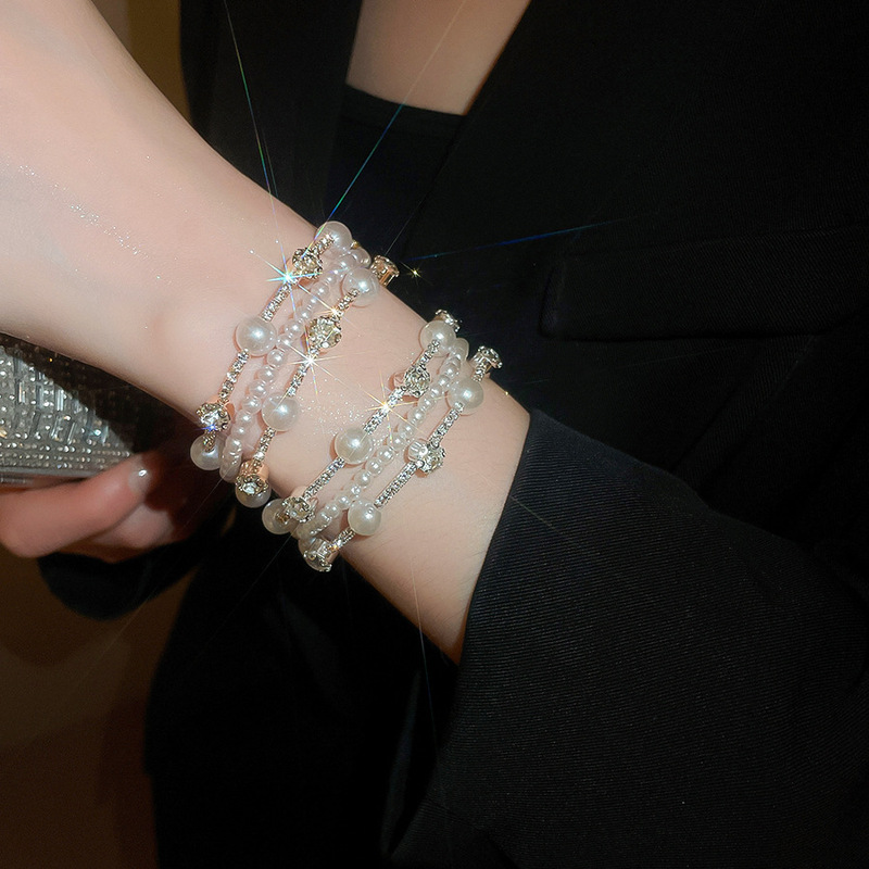 Diamond-Encrusted Pearl Multi-Layered Round Open Bracelet for Women, New Style, Elegant Bracelet, Light Luxury, Niche Design, High-End Jewelry