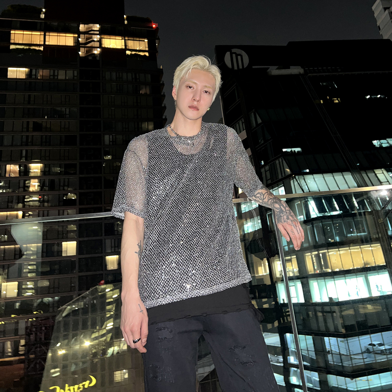 Zishang Men's Clothing: Unique Design, Gender-Neutral Style, Silver Hollow Mesh Short-Sleeve T-Shirt, Men's Tank Top, Summer Trend