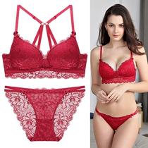 Sexy lace womens underwear beauty back without rims gathered thin bra Red Year of life bra panty set