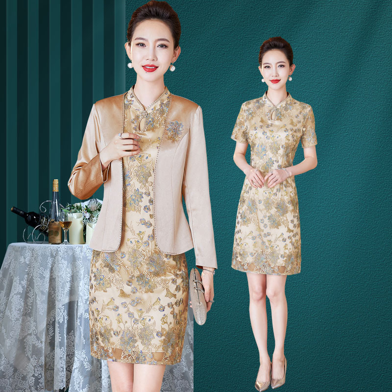 New Chinese-Style Middle-Aged Fashion Suit Dress for Mother-In-Law's Wedding Banquet, Wedding Mother's Dress, Champagne-Colored Cheongsam Dress