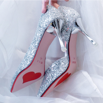 High heels womens spring 2020 new pointed crystal sequins silver fine heel wedding shoes ins fairy net red single shoes