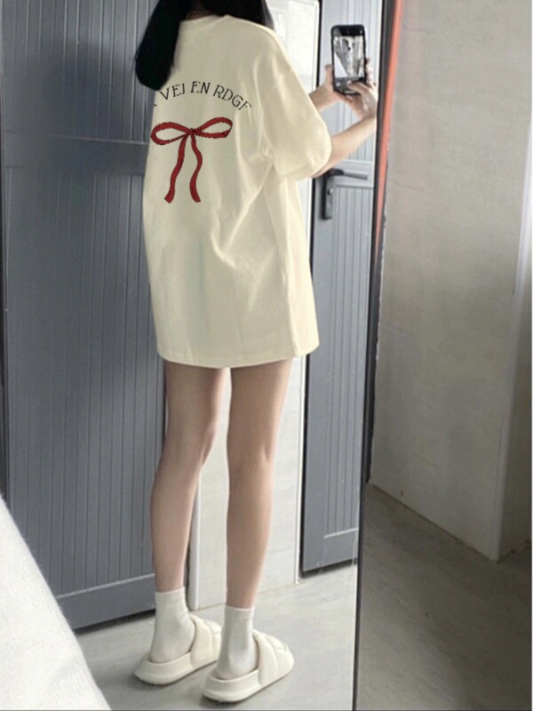 Cream Apricot Pure Cotton Loose Bow Short-Sleeve T-Shirt for Women 2025 Summer New European Style Top for Petite Figures Cream Apricot Pure Cotton Loose Bow Short-Sleeve T-Shirt for Women 2025 Summer New European Style Top for Petite Figures