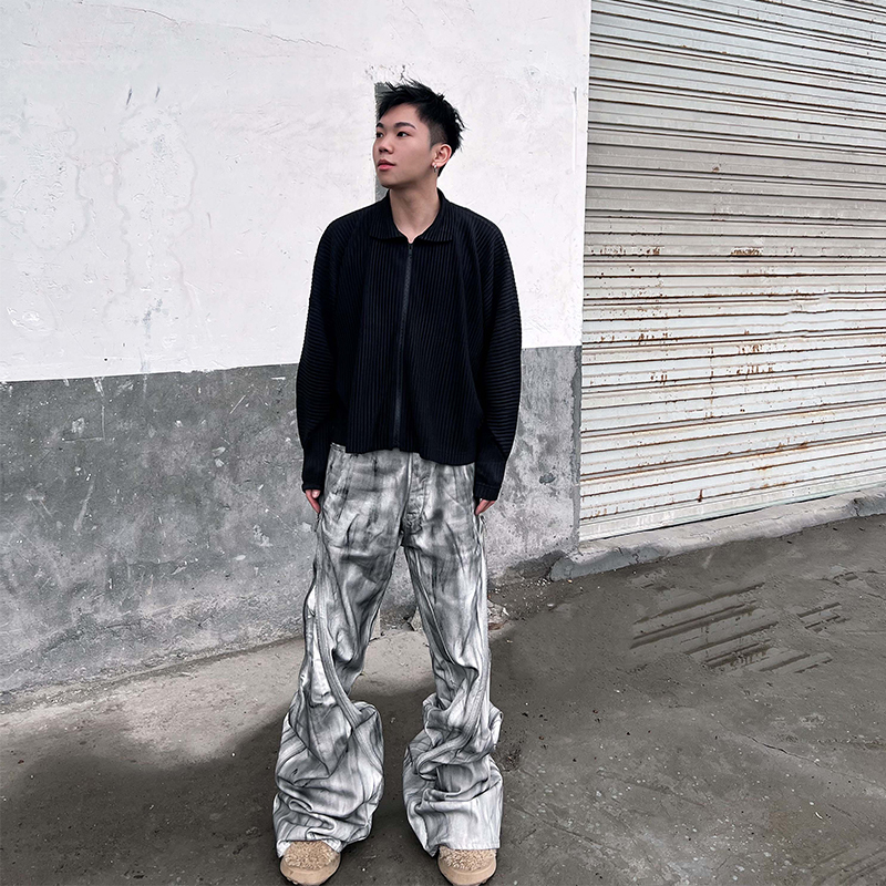 Illogical White Sketch-Style Distressed Dirty-Dyed Zipper Loose Casual Straight-Leg Flared Stacked Washed Jeans