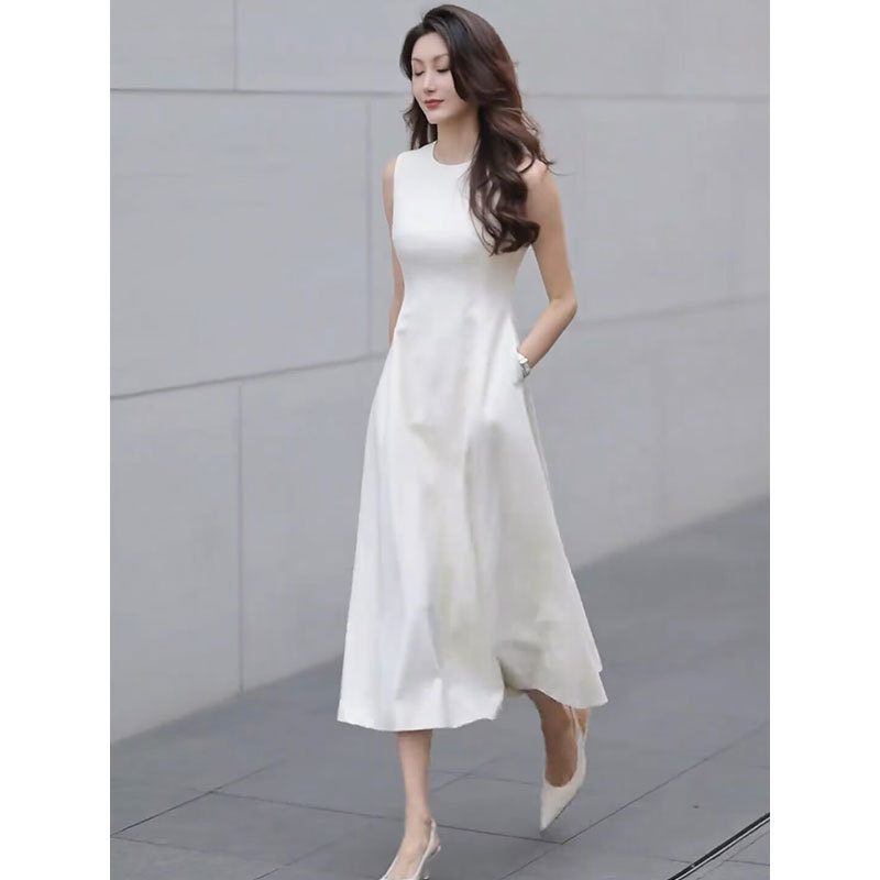 French Hepburn Style White Dignified and Elegant Dress for Women, Summer Waist-Cinching Slimming High-End Long Dress with a Sense of Style