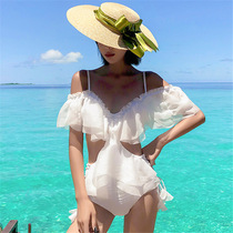 Net red with the same fairy fan ruffle white one-piece swimsuit female fashion thin spa halter bikini
