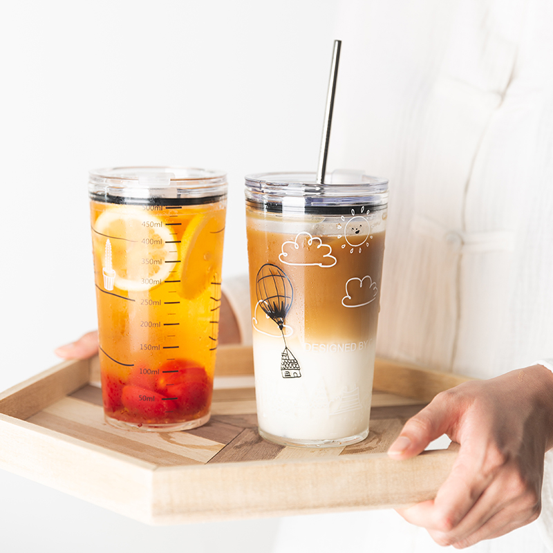 Large Capacity Ins Wind Scale Glass Water Cup Home Juice Milk Tea Heat Resistant Cute Teenage Girl With Straw Cup