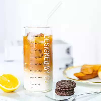 High value ins Wind transparent straw water cup women with scale glass milk creative trend personality