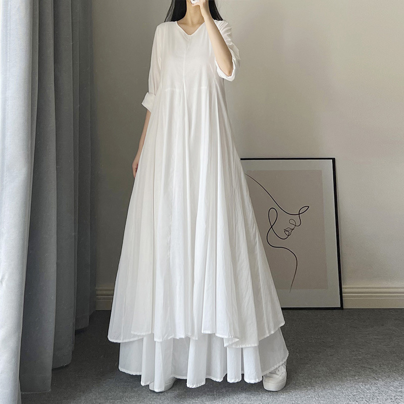 White Dress for Women, Autumn Long-Sleeve Cotton and Linen Style, Extra-Long Ankle-Length Dress, Artistic Retro Flared Dress, All-Cotton Dress