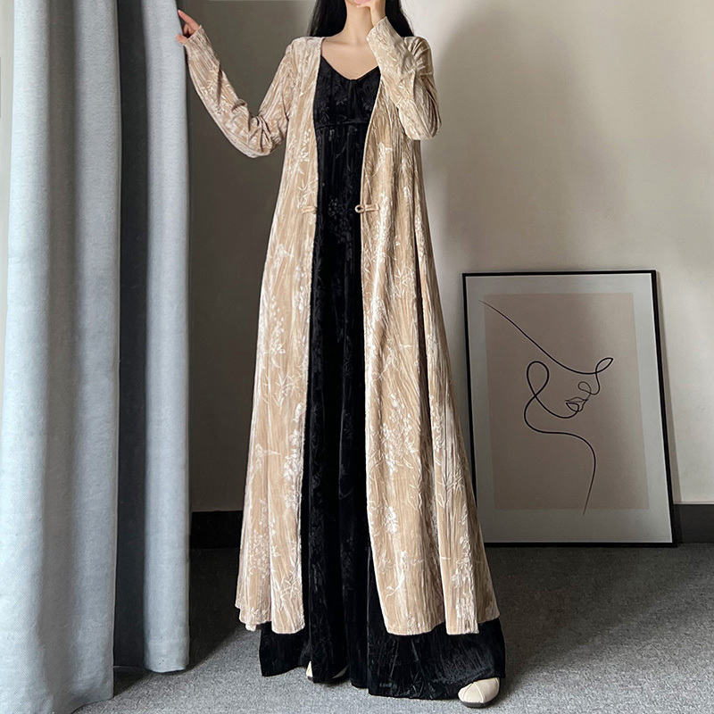 New Chinese-Style Velvet National-Style Printed Long Cardigan for Women, Spring and Autumn Retro Button-Up Extra-Long Ankle-Length Trench Coat Outerwear