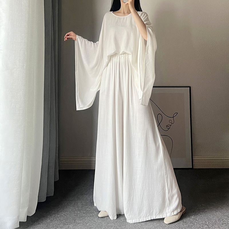 Cotton and Linen Suit for Women, Summer Linen Batwing Top, Wide-Leg Pants Two-Piece Set, Artistic Retro Tea Attire, Ethereal Zen Clothing