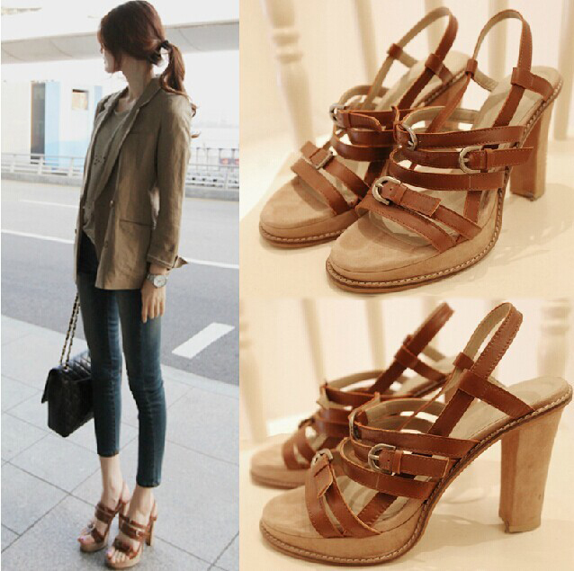 2025 Summer New High-Heeled Chunky Heel Women's Shoes Korean Style Retro Brown Open-Toe Roman Sandals Genuine Leather High Heels Trendy
