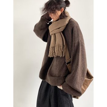 Autumn and winter japanese retro jacquard solid color pullover sweaters for men and women hong kong style loose casual couple bottoming sweaters Autumn and winter japanese retro jacquard solid color pullover sweaters for men and women hong kong style loose casual couple bottoming sweaters