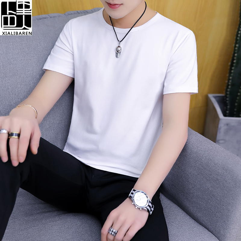 Youth Spring and Summer Korean Style Pure White 160 Small Size Men's Solid Color Slim Fit S Petite Round Neck Short-Sleeved Base Shirt