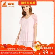 Bronze cattle spring and summer comfortable neck lace home clothing women set short sleeve pajamas set thin summer VJ063