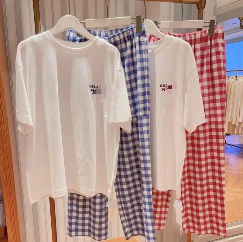 Gp Daily Simple Soft Summer Plaid Biscuit Pajamas for Women Cute Comfortable Short Sleeve Long Pants Set Homewear