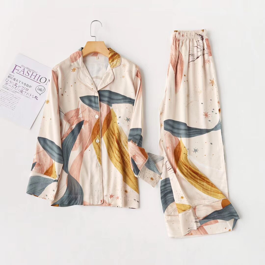 Star Sky With Lapel & Long Sleeve Suit & SatinSpain O home   summer satin-like cotton fabric poplin  starry sky Short sleeve trousers leisure time pajamas Home suit soft Smooth