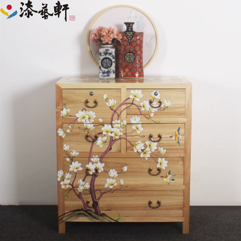 Phong cách Trung Quốc mới gỗ long não sơn sáu ngăn kéo gỗ rắn hiên nhà cổ phòng ngủ tủ lưu trữ phòng khách đồ nội thất cổ điển - Buồng