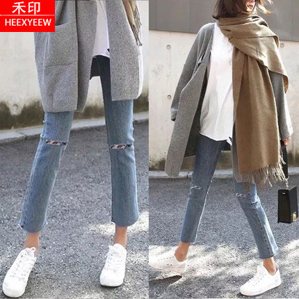 Net Red Broken Hole 80% Straight Barrel Jeans Woman 2020 Summer thin sheet Slim 100 Hitch Loose small subbroadlegged pants