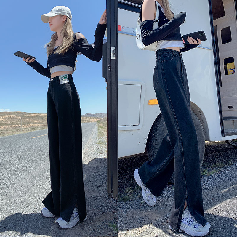 Black open fork with high waist and small sub wide leg jeans Women 2021 new loose Spring and autumn display slim and straight drum