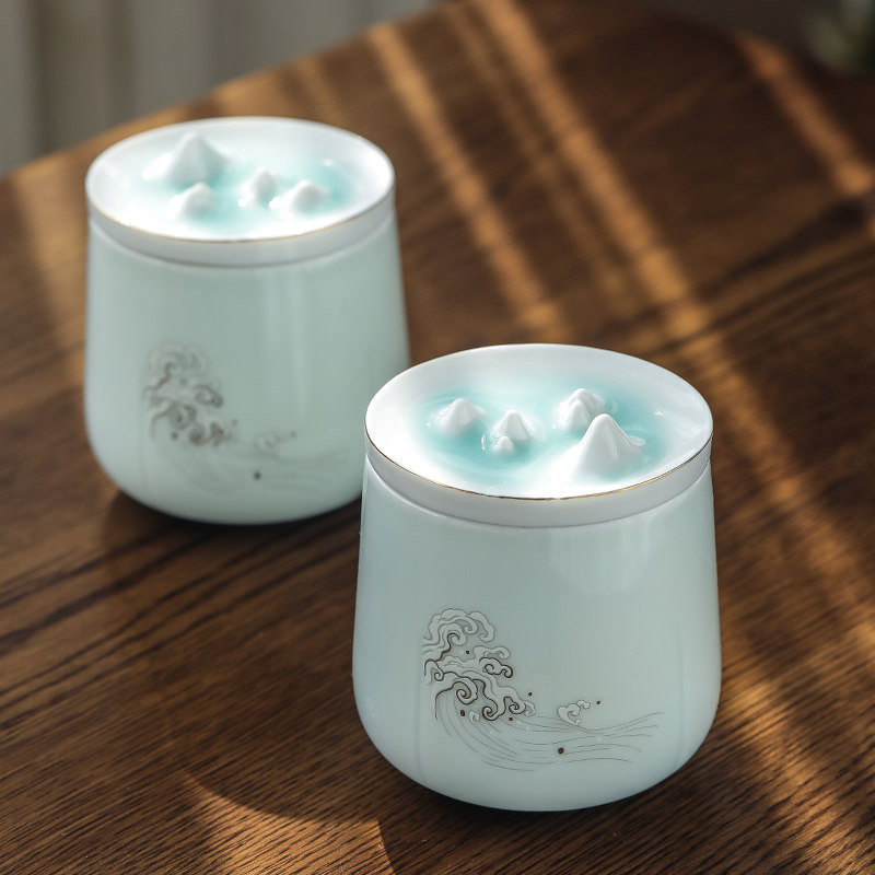 Celadon tea pot ceramic large household sealed tea storage box retro Pu'er black tea green tea pot custom