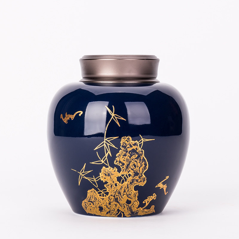 Tea pot ceramic sealed pot household tea storage pot moisture-proof green tea Ji blue high-end tea gift box cloth bag general
