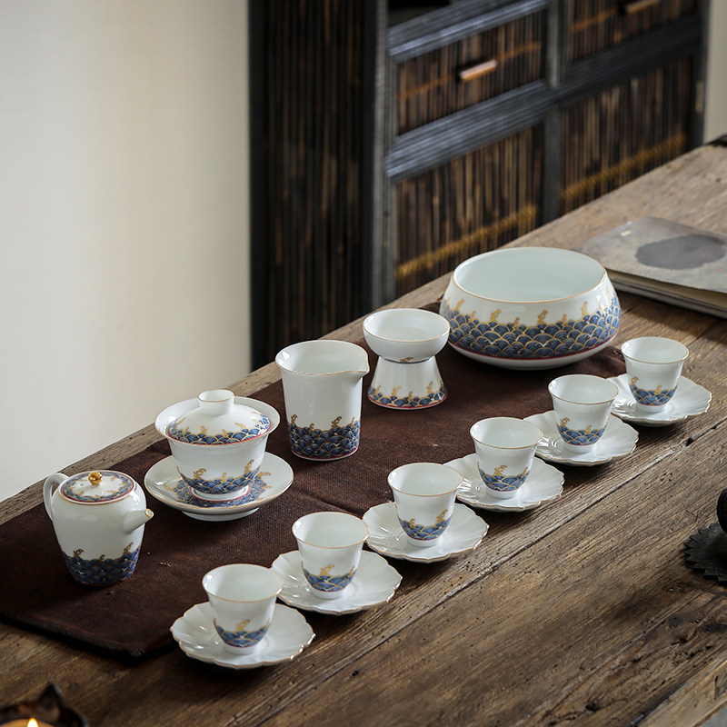 Enamel color wave household Kung Fu tea set Chinese simple gold drawing portable set with gift box cover bowl Teapot