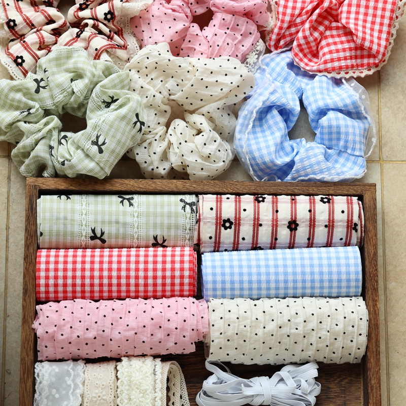 DIY Hair Accessory Making Kit with Fabric Plaid Strips for Hair Ties and Scrunchies