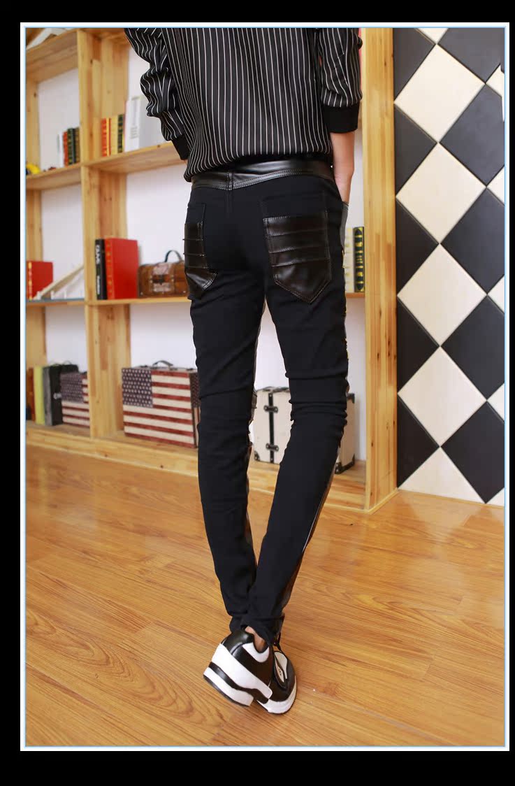 Phiên bản Hàn Quốc của quần skinny nam xu hướng quần PU thông thường quần mùa thu sinh viên bó sát chân xe máy quần lửng nam