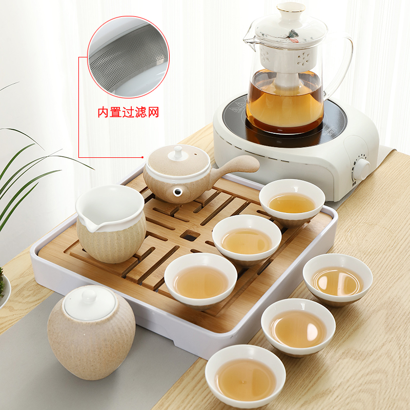 Tea set kung fu Tea set household, black and white ceramic electric TaoLu Japanese I sitting room is contracted a warm the teapot Tea tray