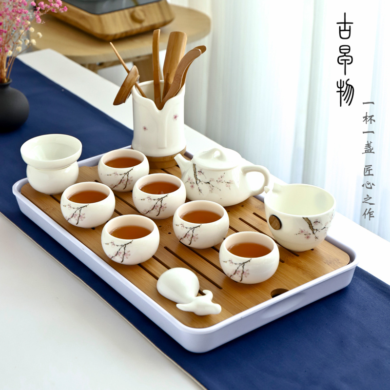 Dehua white porcelain suet jade kung fu tea set suit Japanese household contracted and I of a complete set of small tureen tea cup