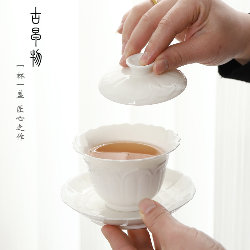 Only three tureen pure manual dehua suet jade white porcelain ceramic tea tureen European - style kung fu tea tea cup