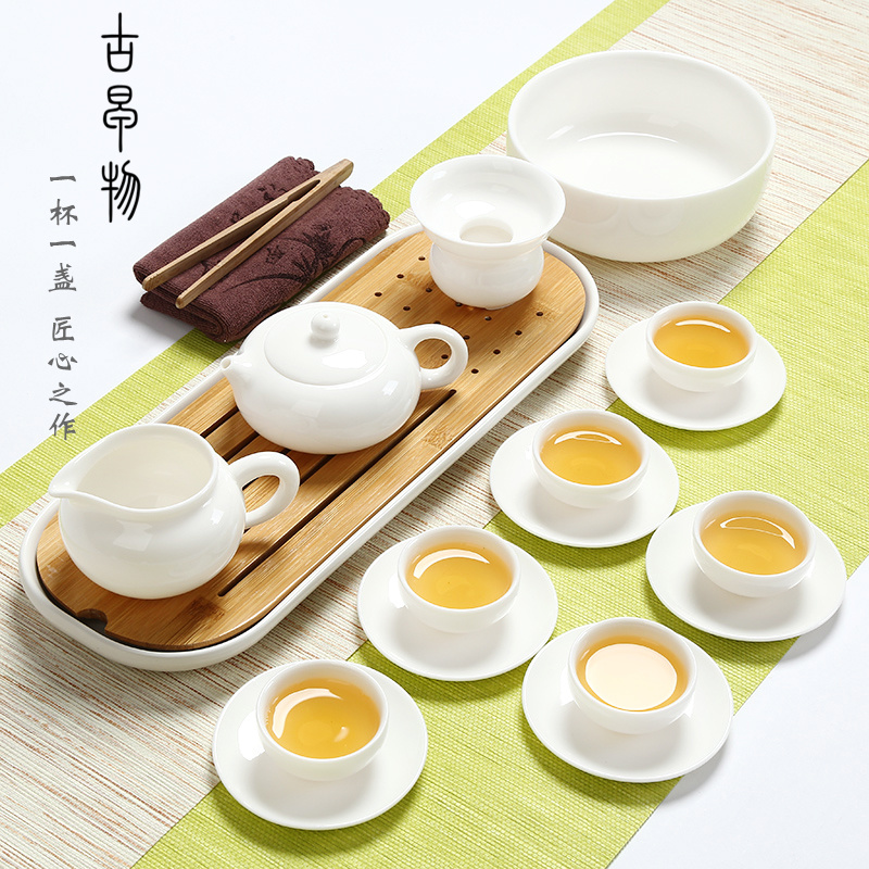 Dehua white porcelain kung fu tea set suit household jade porcelain teapot teacup of a complete set of ceramic tea tureen office gift box