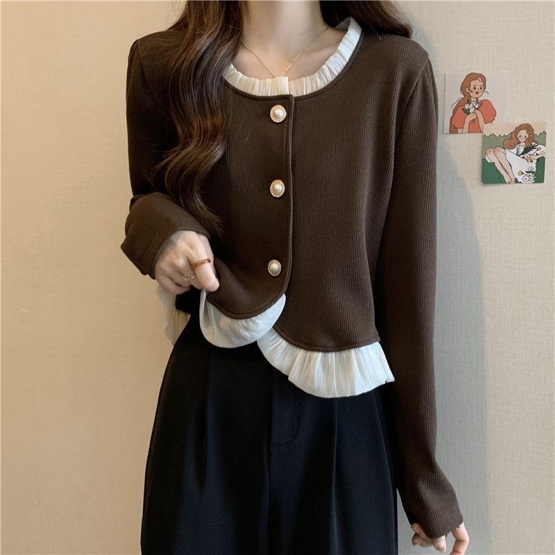 Original Export Brand Name Clothing, Big Brand Cut-Label Spring and Autumn Lace Splicing Slimming Plus-Size Long-Sleeve Base Shirt, Trendy