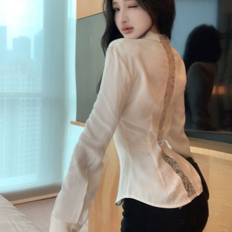 Brand Discount Store Clearance 2025 Autumn Pure Desire Lace Waist-Cinching Slimming Black Versatile Long-Sleeve Shirt