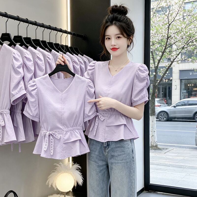 Ruffled Lace Tie-Up Fashionable Slim-Fit Shirt for Women, Super Fairy-Like Top, New Summer French-Style Purple Shirt