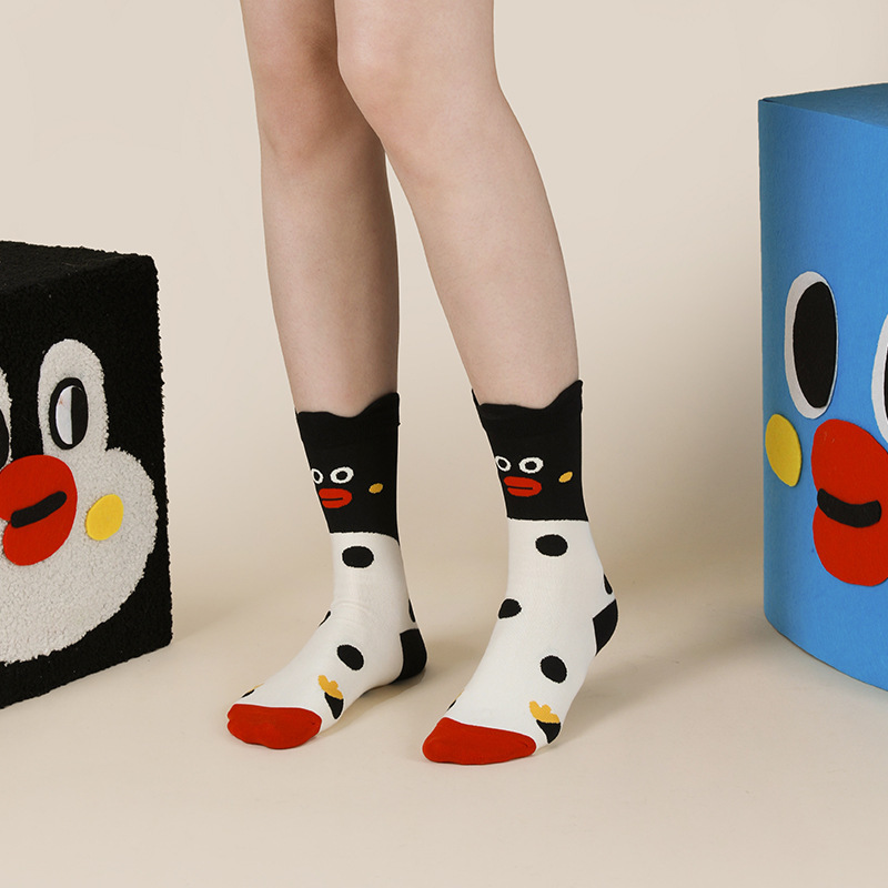 Penguin V-Mouth Polka Dot Cartoon Trendy Socks, Versatile and Colorful Street Style Breathable Cotton Long Socks for Women