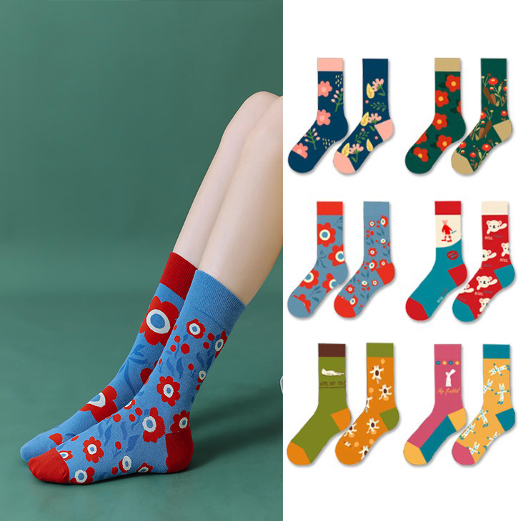 Spring New Asymmetrical Ab Socks Creative Floral Socks Personalized ins Women's Cotton Socks Couple Versatile ins Japanese School Style