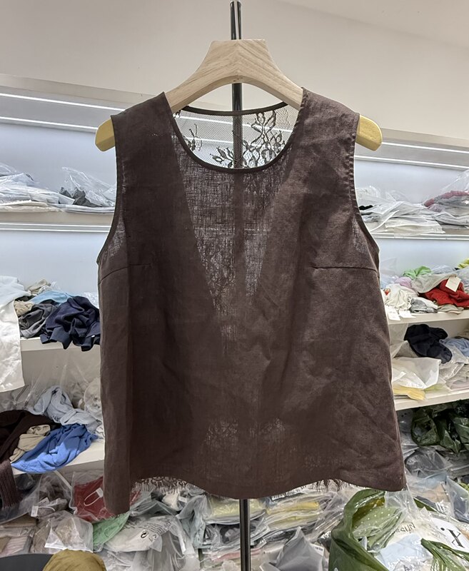 European Fashion Round Neck Lace-Back Sleeveless Hemp Vest Shirt for Women, Loose Fit, Slimming, Versatile Top