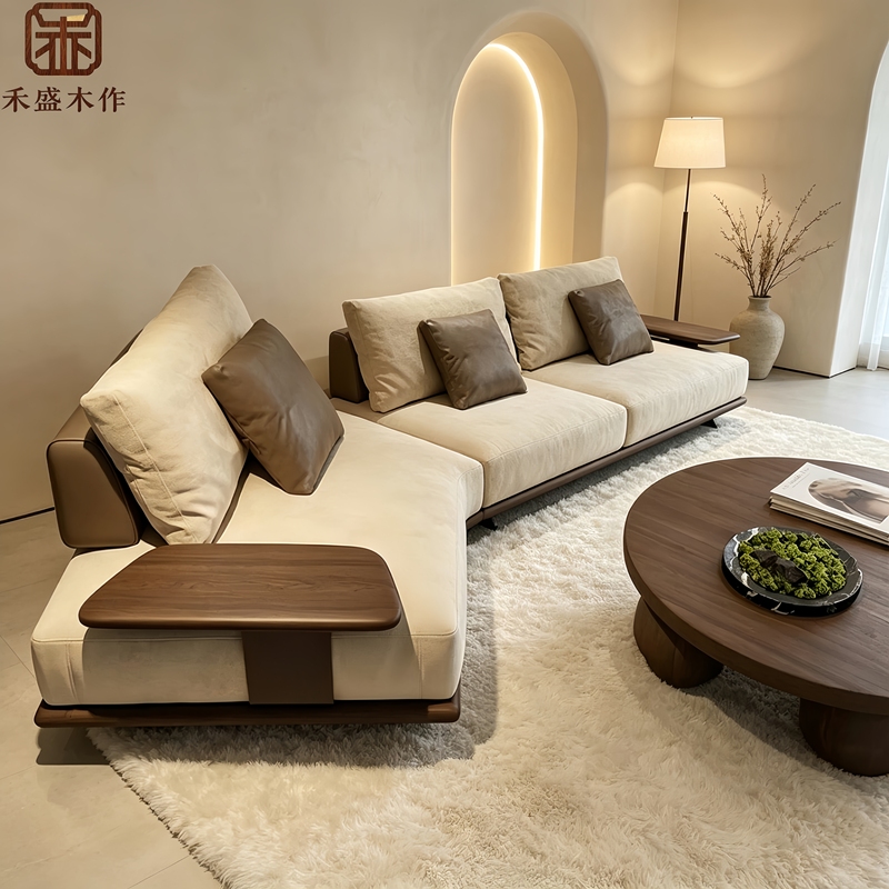Song-Style Aesthetics, North American Black Walnut Solid Wood Sofa, Simple Straight-Line Sofa, New Chinese-Style Irregular Corner Curved Sofa