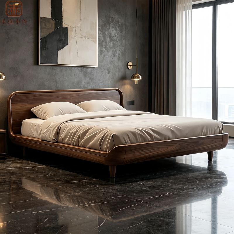 Song-Style Aesthetics North American Black Walnut Solid Wood Bed New Chinese Style Modern High-End Simple Master Bedroom Secondary Bedroom Double Bed