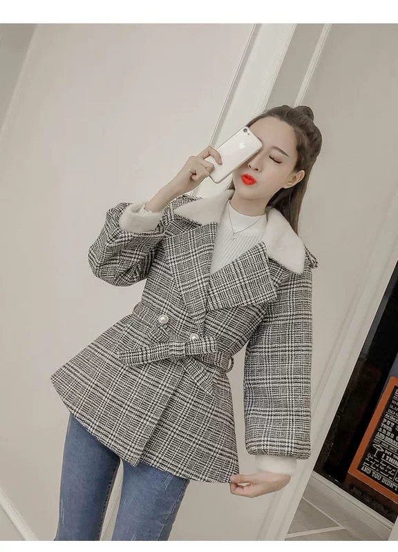 Thu đông 2018 mới thời trang Hàn Quốc kẻ sọc tay áo thắt eo nơ tóc len hoang nữ áo khoác thủy triều áo măng tô nữ ngắn