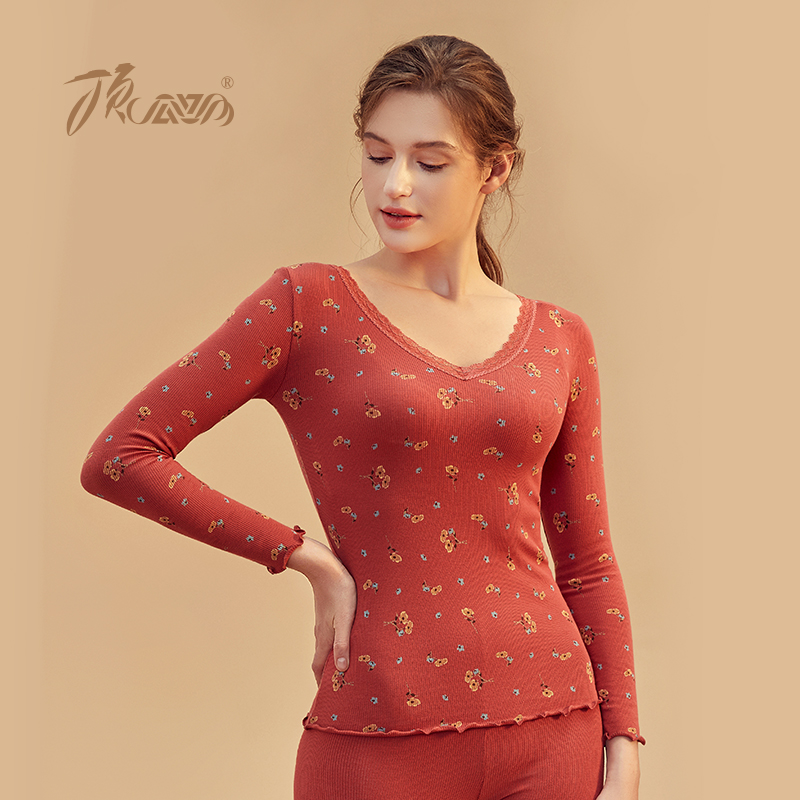 Top piperpetite warm underwear suit lady printed V-sexy autumn sweater sweater thin winter